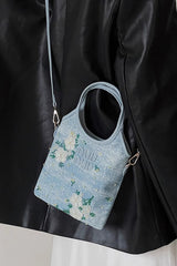 Elegant Floral Embroidered Denim Tote Bag