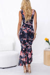 Styled To Perfection Floral Ruched Mesh Overlay Ruffle Hem Maxi Dress