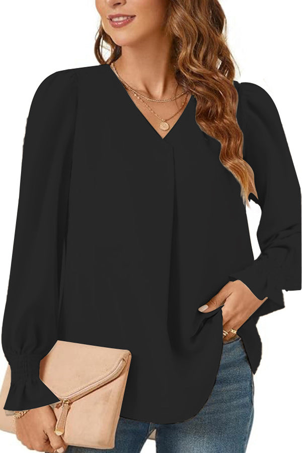 Women's Versatile Elegant V-neck Elastic Cuffs Long-sleeved Loose Top
