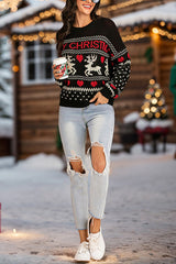 Christmas Elk Heart Shaped Round Neck Long Sleeve Loose Knitted Sweater