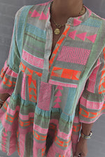 Just My Type Linen Blend Colorful Ethnic Print Bell Sleeve Babydoll Mini Dress