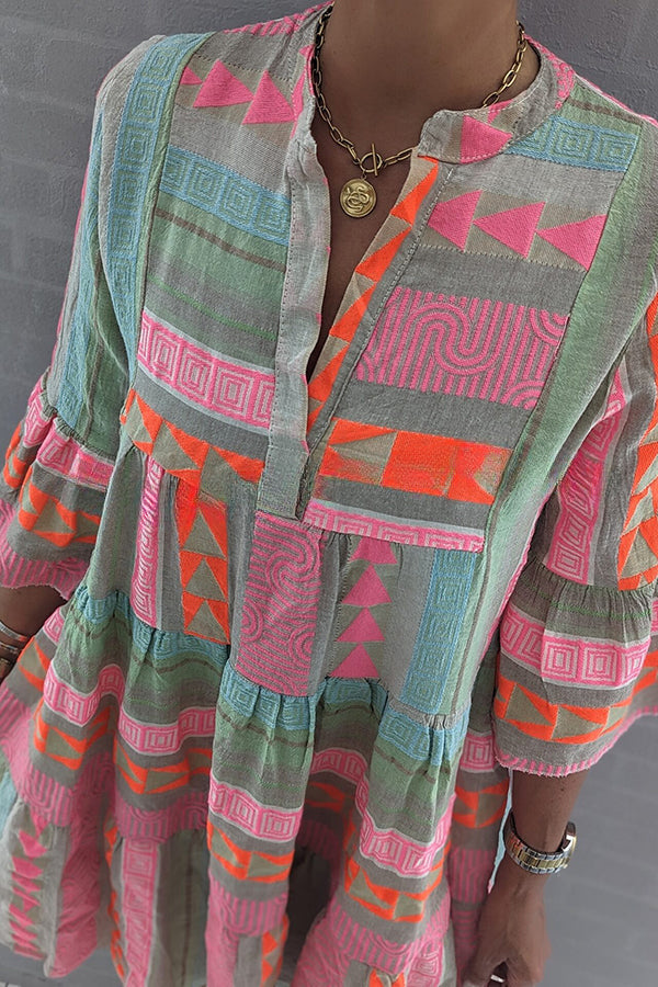 Just My Type Linen Blend Colorful Ethnic Print Bell Sleeve Babydoll Mini Dress