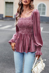Solid Color Balloon Sleeve Commuter Long Sleeve Top