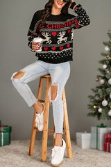 Christmas Elk Heart Shaped Round Neck Long Sleeve Loose Knitted Sweater