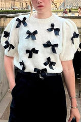 Stylish Bow Decoration Round Neck Puff Sleeve Casual Knit Sweater