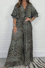Leopard Print Casual V-neck Short-sleeved Waist Wide-leg Jumpsuit