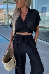 First Choice for Vacation Wrap Blouse and Pocketed Elastic Waist Pants Set