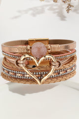 Bohemian Leather Cord Multi-layered Raw Stone Heart Bracelet