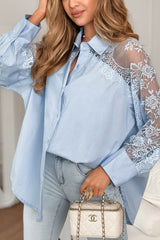Solid Color Loose-fitting Patchwork Lace Long-sleeved Casual Shirt