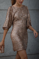 Always Beautiful Sequin Back Cowl Neck Bell Sleeve Mini Dress
