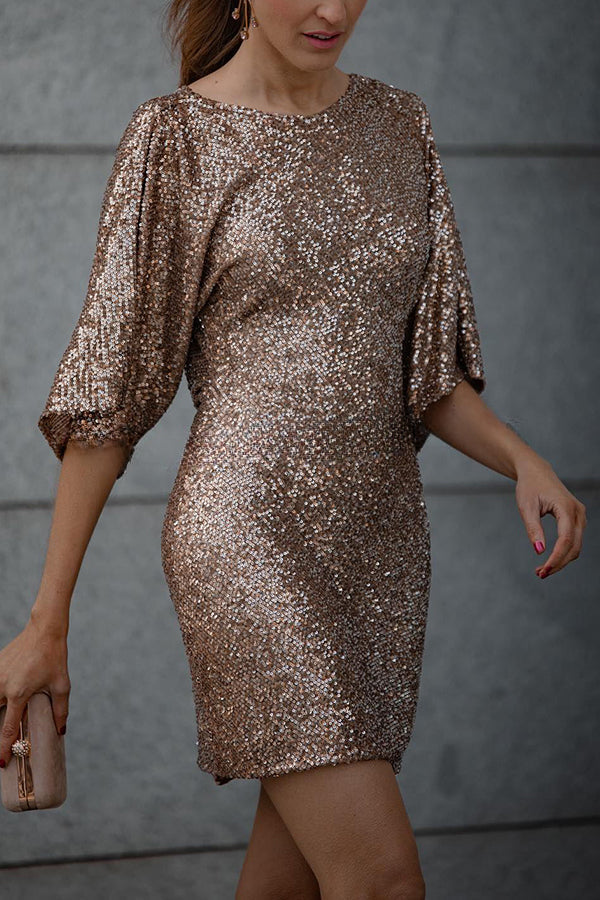 Always Beautiful Sequin Back Cowl Neck Bell Sleeve Mini Dress