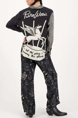 Black Magic Satin Unique Print Long Sleeve Blouse and Elastic Waist Pocket Wide Leg Pants Set