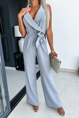 Gracie Wrap Lapel V-neck Tie Waist Pocketed Jumpsuit