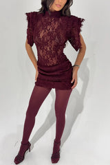 Bold and Alluring Lace High Neck Statement Padded Shoulder Wide Sleeve Ruched Mini Dress