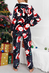 Festive Flavors Printed Flannel  Zipper Pocket Hooded Pajama Jumpsuit