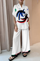 Dancing People Print Oversized Blouse and Elastic Waist Pocketed Pants Set