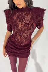 Bold and Alluring Lace High Neck Statement Padded Shoulder Wide Sleeve Ruched Mini Dress