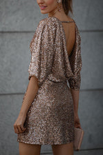 Always Beautiful Sequin Back Cowl Neck Bell Sleeve Mini Dress