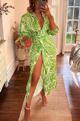 Love Many Ways Printed Tie-up Wrap Split Midi Shirt Dress