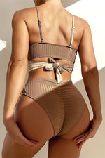 Color Block Thick Pit Strip Cross Strap High Waist Bikini