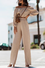 Off Shoulder Casual Top High Waist Straight Leg Pants Set