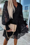 Luxe Debut Floral Crochet Lace Lantern Sleeve Mini Dress