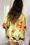 Fruity Citrus Linen Blend Printed Button Down Vacation Blouse
