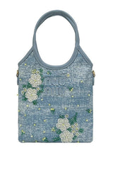 Elegant Floral Embroidered Denim Tote Bag
