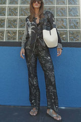 Black Magic Satin Unique Print Long Sleeve Blouse and Elastic Waist Pocket Wide Leg Pants Set