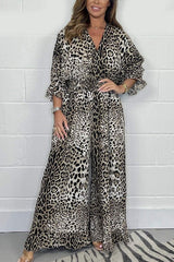Leopard Print Casual V-neck Short-sleeved Waist Wide-leg Jumpsuit
