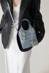 Elegant Floral Embroidered Denim Tote Bag