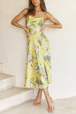 Everything You Need Satin Floral Cowl Neck Slit Midi Dress