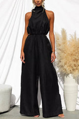 Elyssa High Neck Cutout Elastic Waist Pocketed Wide Leg Jumpsuit