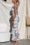 Styled To Perfection Floral Ruched Mesh Overlay Ruffle Hem Maxi Dress