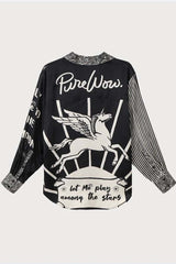 Black Magic Satin Unique Print Long Sleeve Blouse and Elastic Waist Pocket Wide Leg Pants Set