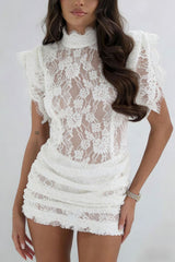 Bold and Alluring Lace High Neck Statement Padded Shoulder Wide Sleeve Ruched Mini Dress