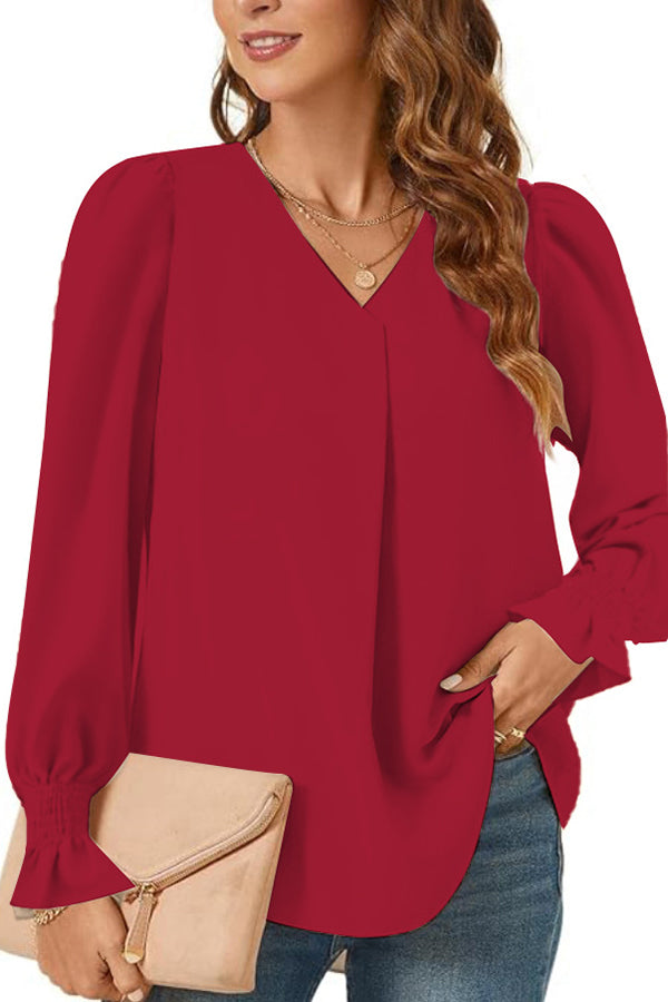 Women's Versatile Elegant V-neck Elastic Cuffs Long-sleeved Loose Top