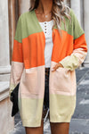 Contrasting rainbow paneled striped long cardigan sweater with pockets