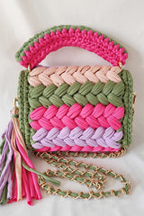 Contrast Color Stitching Braided Chain Tassel Bag