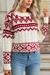 Christmas Ethnic Style Round Neck Long Sleeve Loose Cable Knit Sweater