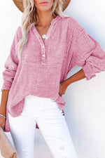 Loose Crinkle Button V Neck Henley Top