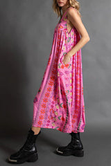 Vintage Boho Floral Print Pocketed Loose Jumpsuit