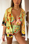 Fruity Citrus Linen Blend Printed Button Down Vacation Blouse