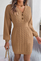 Buttoned V-neck twist lantern sleeves hip-hugging sweater dress