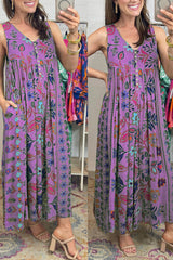 Vintage Boho Floral Print Pocketed Loose Jumpsuit