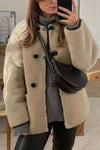 Button Pocket Fur Crew Neck Long Sleeve Loose Coat
