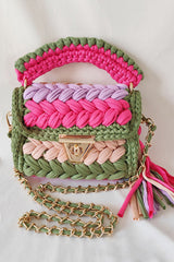 Contrast Color Stitching Braided Chain Tassel Bag